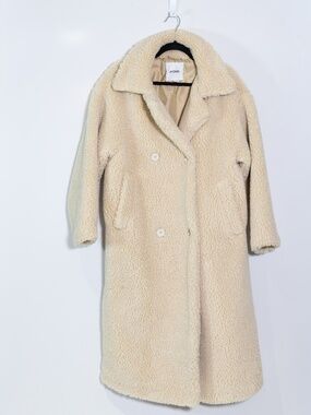 Monki Faux Vegan Fur Shearling Teddy Collared Double Breasted Long Jacket Coat